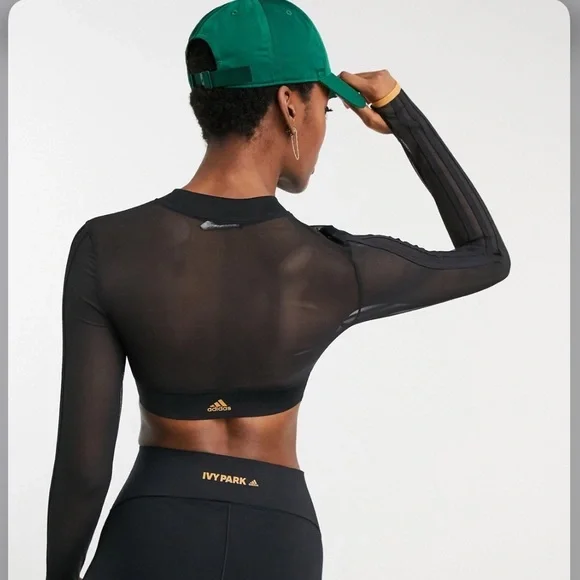 Adidas Ivy Park Long Sleeved Mesh Crop Top Black Size L - Picture 6 of 11